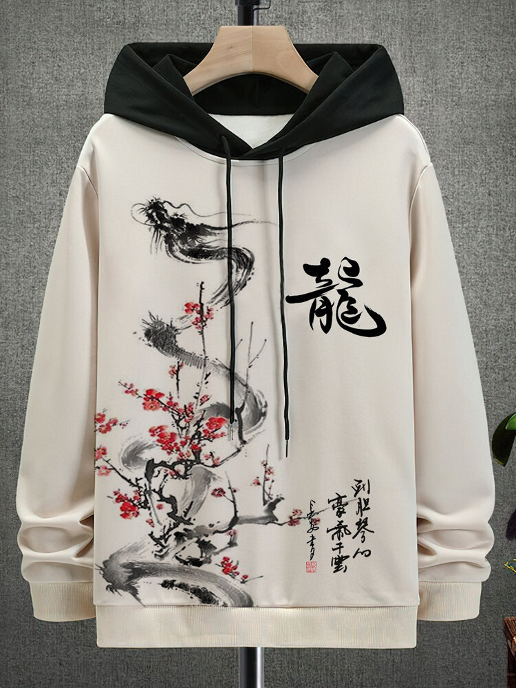 Hoodies masculinos Chinese Ink Dragão com estampa floral de manga comprida com cordão