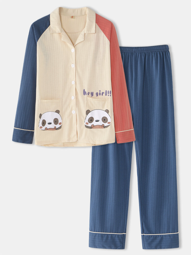 Женщины Plus Размер Симпатичные Panda Принт Контрастные рукава реглан Хлопок Lounge Домашние пижамы Наборы