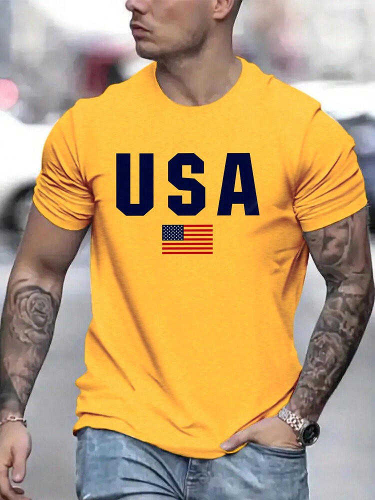 Mens American Flag Letter Print Crew Neck Short Sleeve T-Shirts