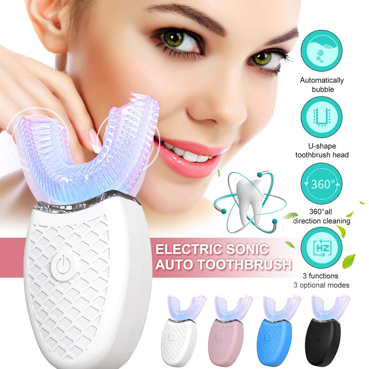 

Ultrasonic Fully Automatic 360° U-Shaped Electric Toothbrush LED Light Clean Teeth Whiten Oral Cleaning, Black;white;blue;pink