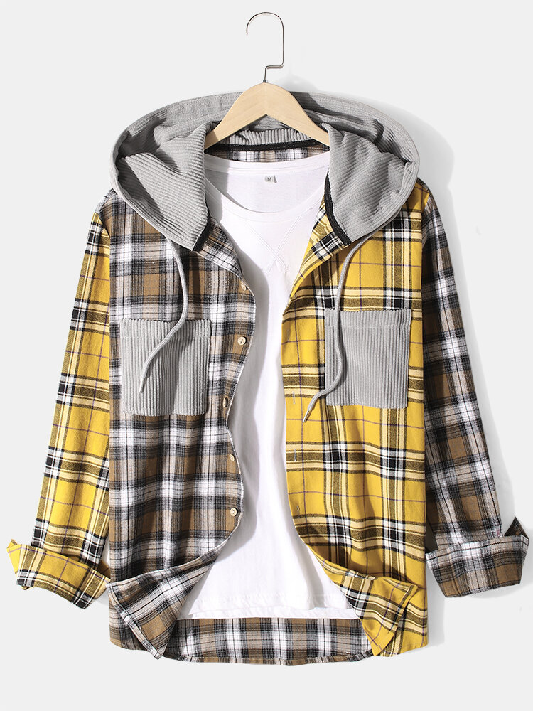 Mens Patchwork Plaid Cotton Double Pocket Casual Long Sleeve Drawstring Hooded Shirts