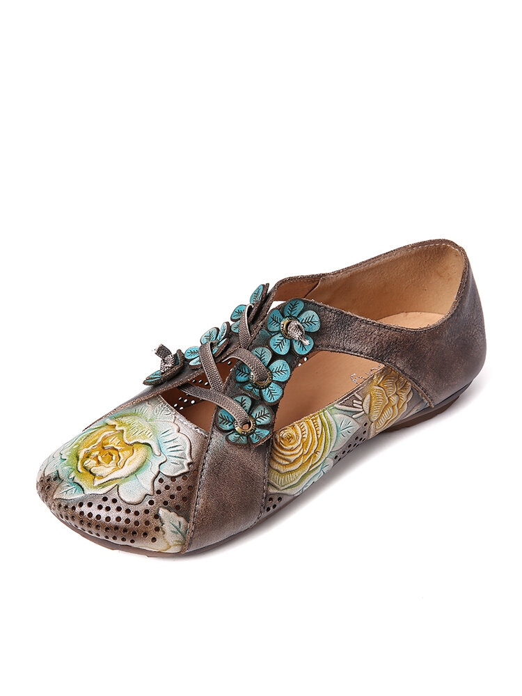SOCOFY Retro Embossed Flower Splicing Floral Lace Up Slip On Shoes