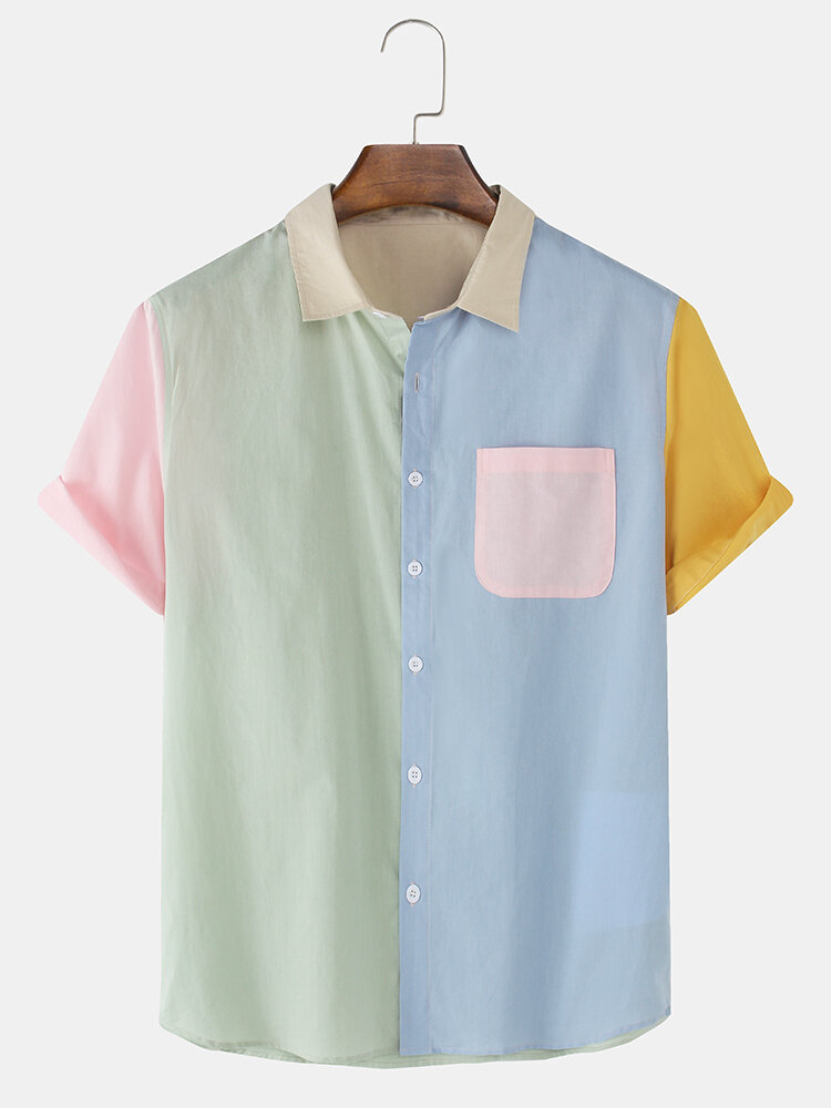 Mens 100% Cotton Patchwork Casual Short Sleeve Shirts With Pocket