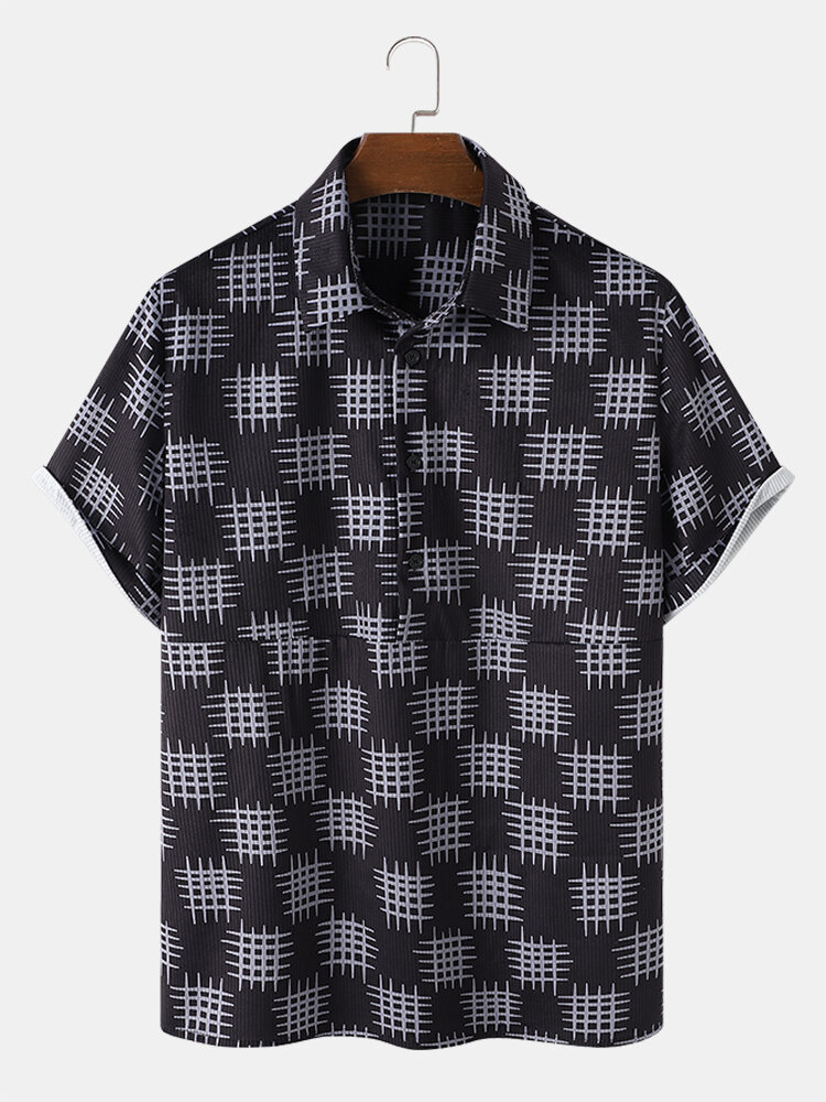 Mens Line Print Button Up Corduroy Short Sleeve Shirts