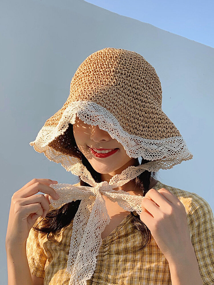 Women Straw Leisure Holiday Versatile Breathable Shade Hand-woven Lace Straw Hat Tour Beach Bucket Cap