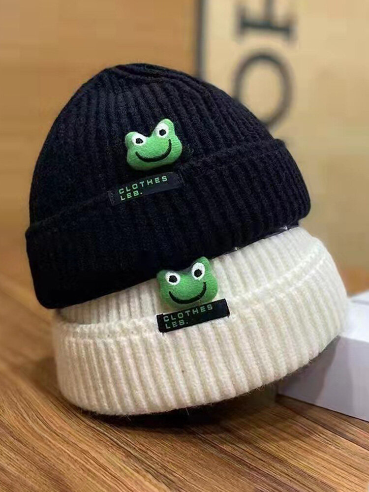 Unisex Knitted Solid Color Cartoon Frog Doll Decoration Letter Label Fashion Warmth Brimless Beanie Landlord Cap Skull Cap