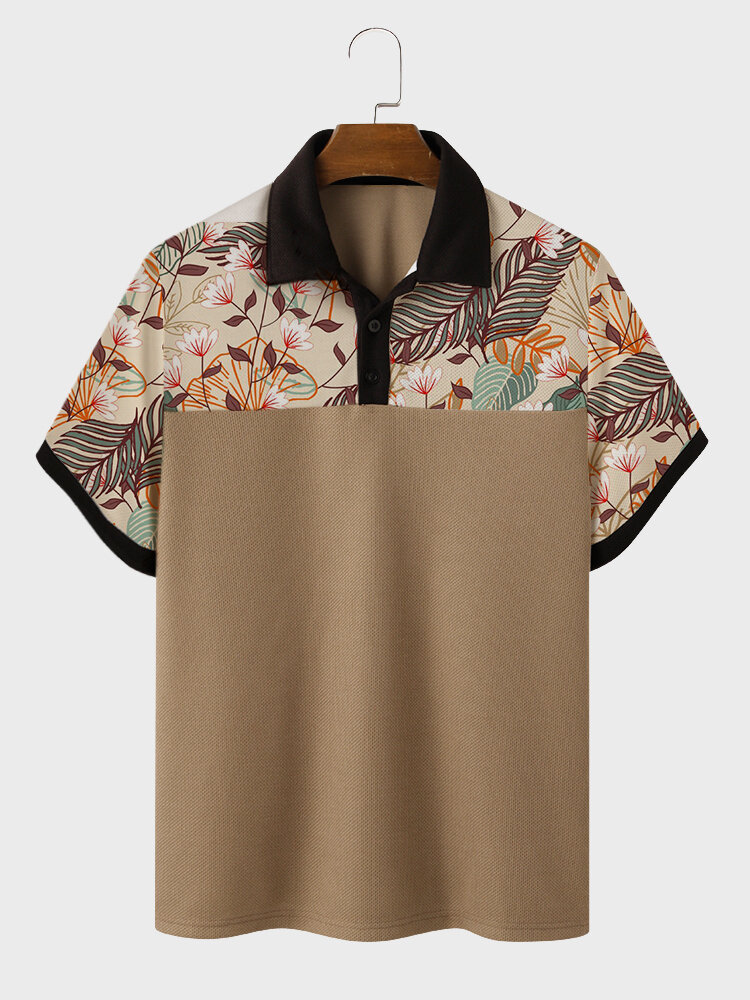 

Mens Patchwork Plants Print Lapel Collar Short Sleeve Shirts, Khaki