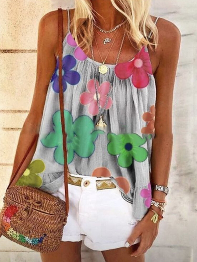 Spaghetti Straps Floral Print Loose Tank Tops For Women