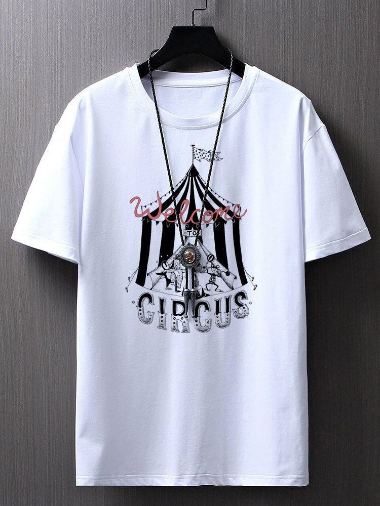 

Mens Monochrome Circus Animal Print Crew Neck Short Sleeve T-Shirts Winter, White