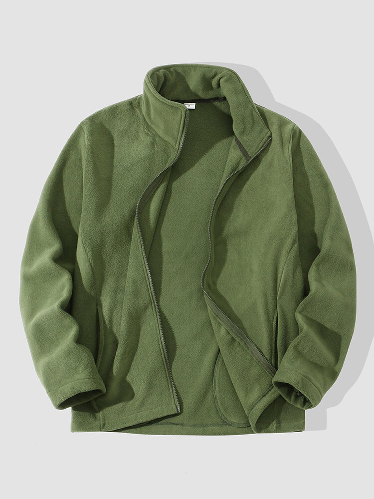 Men Green Double-sided Fleece Coatse Zipper Collar Outdoor Coats