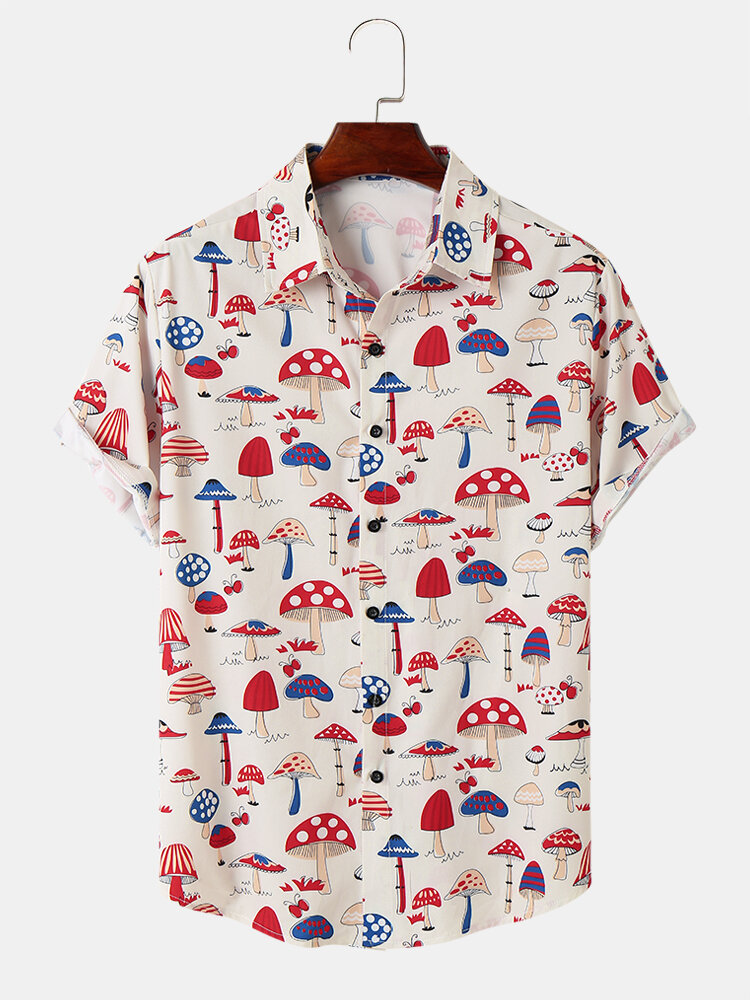 Mens All Over Colorful Mushroom Print Button Up Short Sleeve Shirts