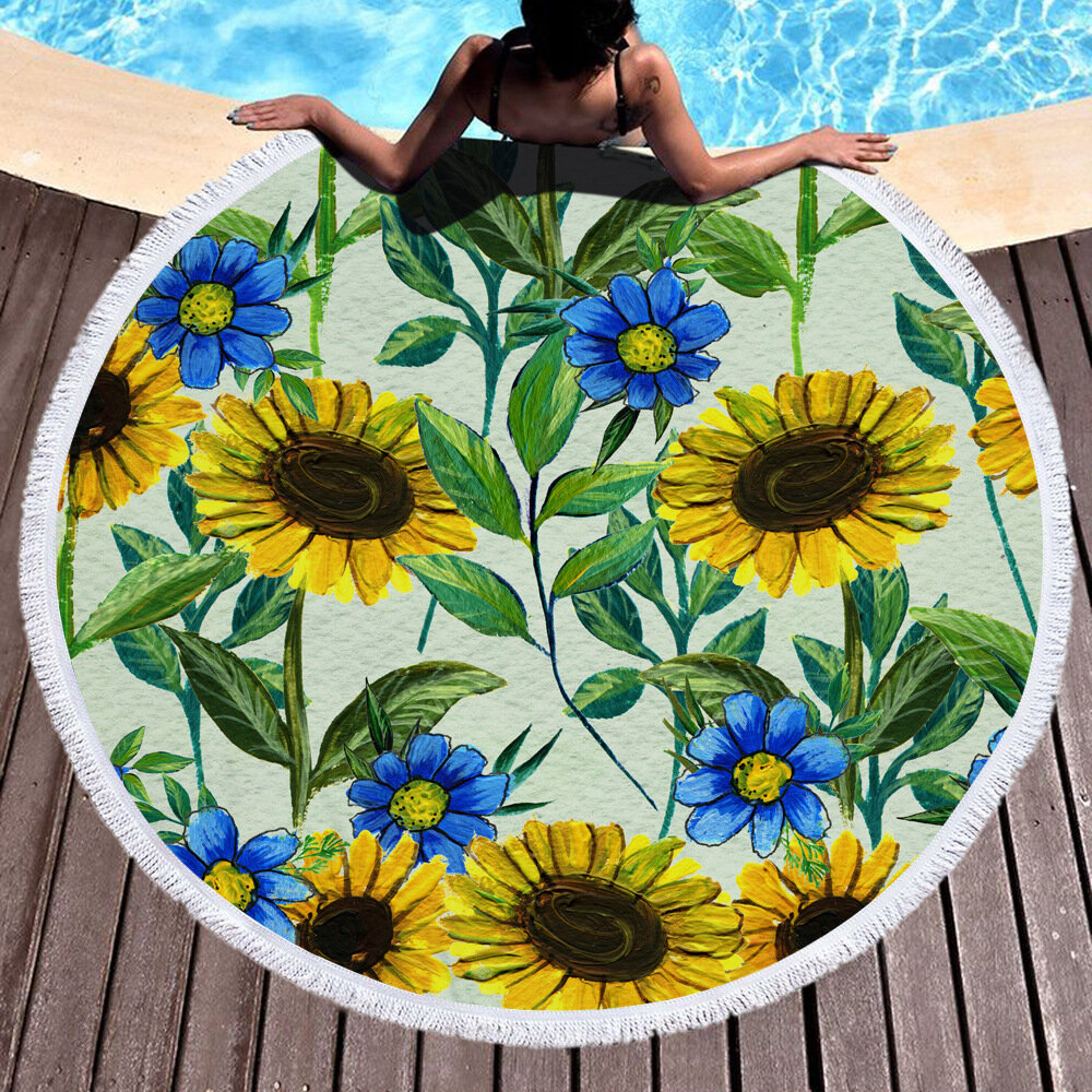

Sunflower Round Beach Towel Blanket Hawaii Hawaiian Tropical Large Microfiber Terry Beach Roundie Palm Circle Picnic Car