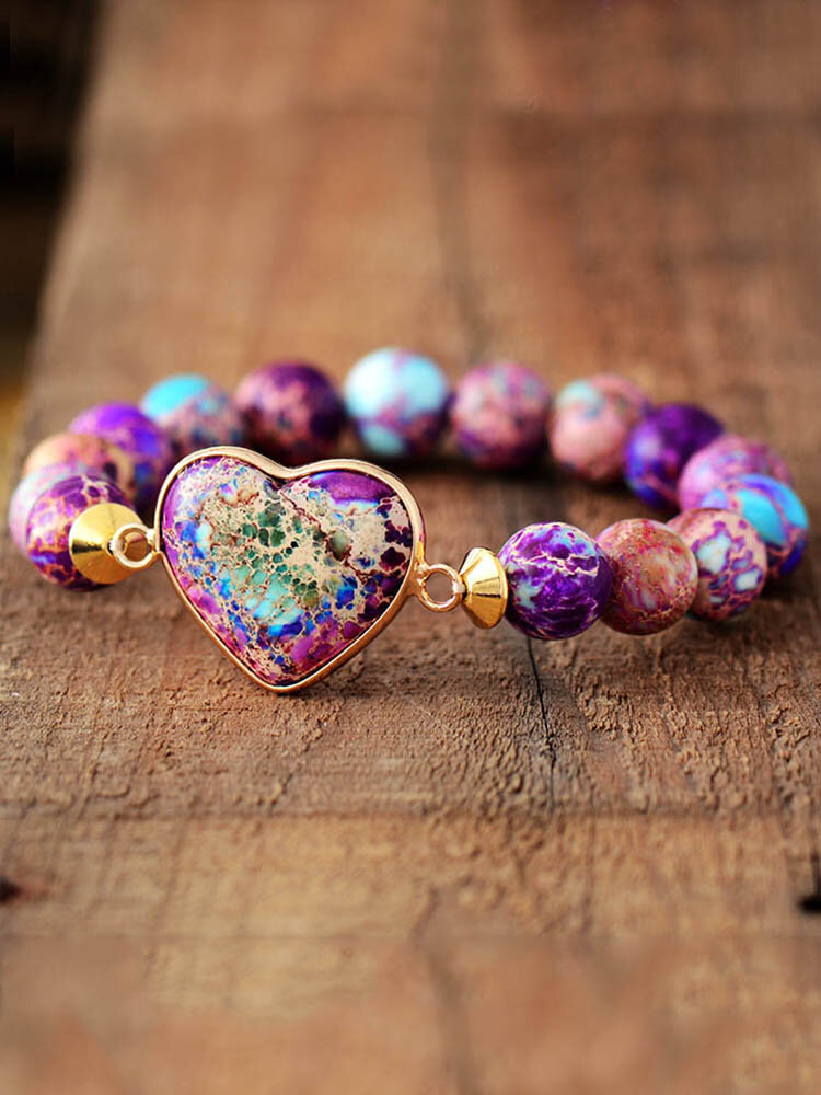 Vintage Bohemian Heart-shaped Semi-precious Stones Beaded Elastic Bracelet