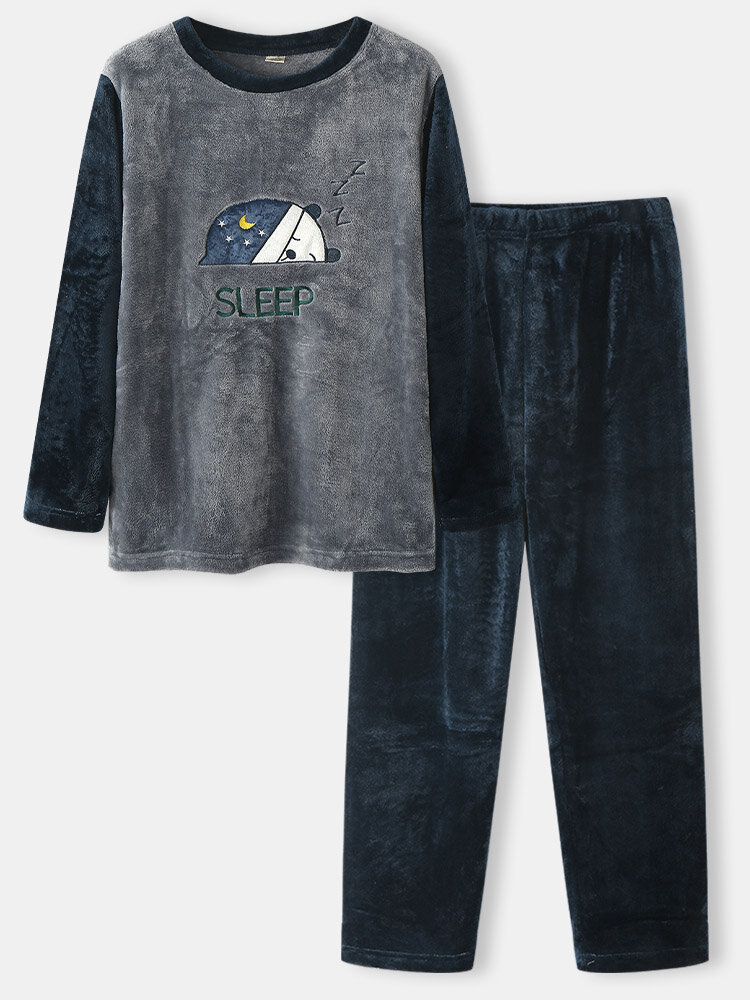 Mens Flannel Sleeping Bear Embroidered Contrast Warm Loungewear Pajamas Sets