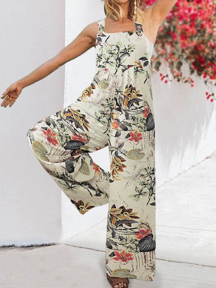 Floral Print Wide-legged Pockets Straps Sleeveless Jumpsuits For Women