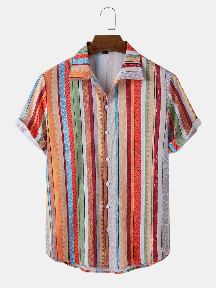 Mens Colorful Stripe Pattern Lapel Short Sleeve Casual Shirts