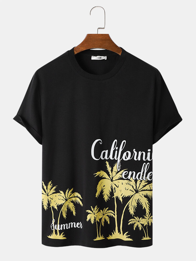 Mens Palm Tree Letter Print Holiday Short Sleeve T-Shirts