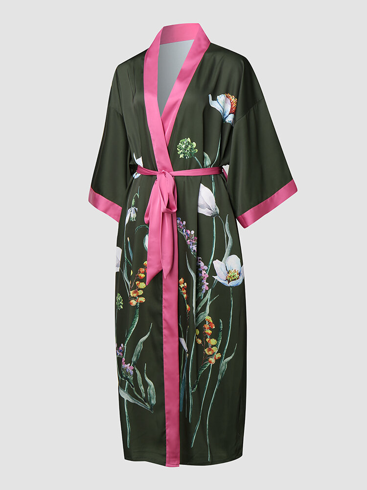 Satén floral para mujer Patrón Pantorrilla con cordones y ribete en contraste longitud Home Robes