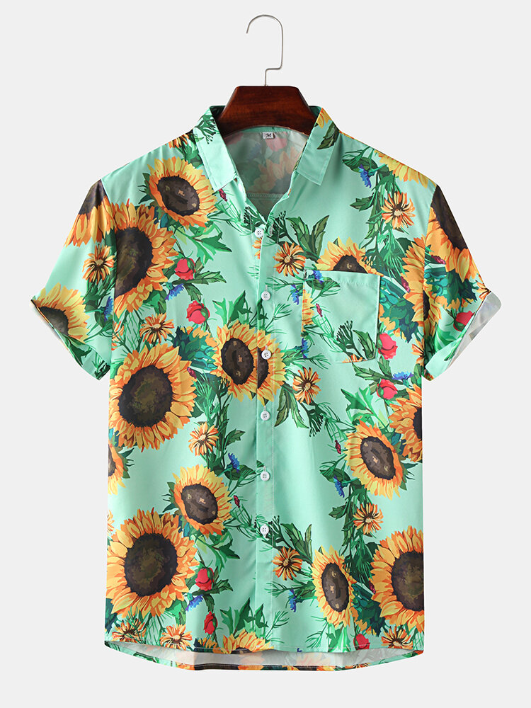 Mens Holiday Sunflower Printed Designer Short Sleeve Shirts