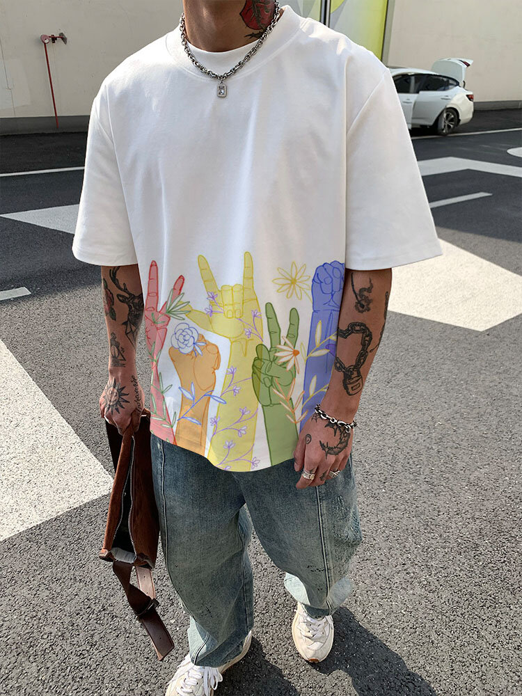 T-shirt a maniche corte da uomo con stampa a mano Collo