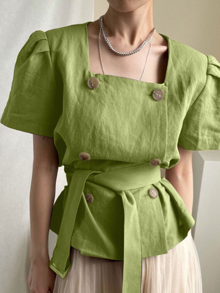 Solid Belt Double Breasted Square Collar Puff Sleeve Blouse