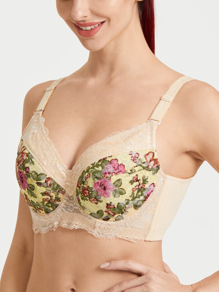 

Women Lace Jacquard Floral Print Patchwork Gather Breathable Comfy Bras, Nude;black;wine red;green;gray