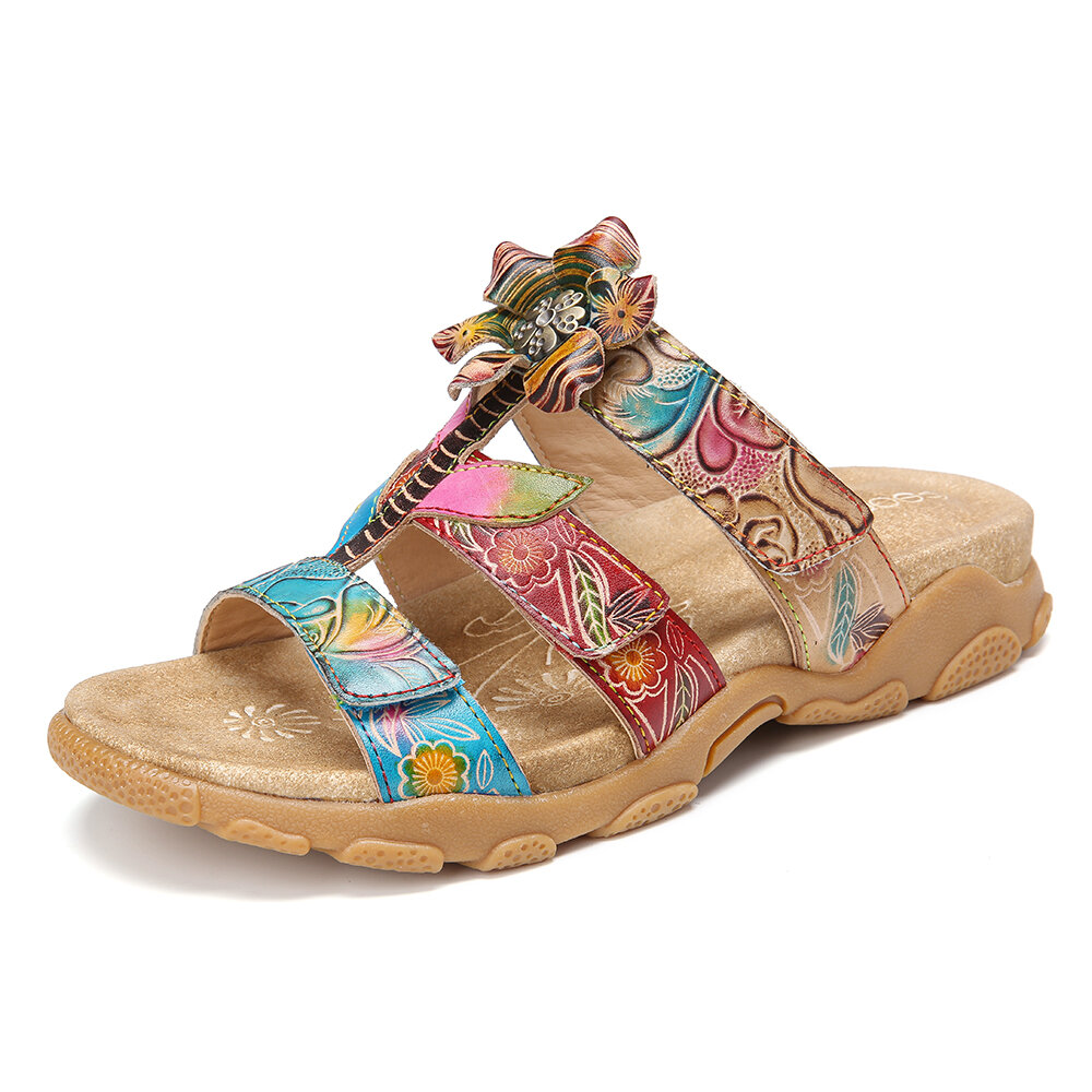 SOCOFY Bohemian Flower Decro Adjustable Strap Slip On Open Toe Casual Summer Flat Sandals