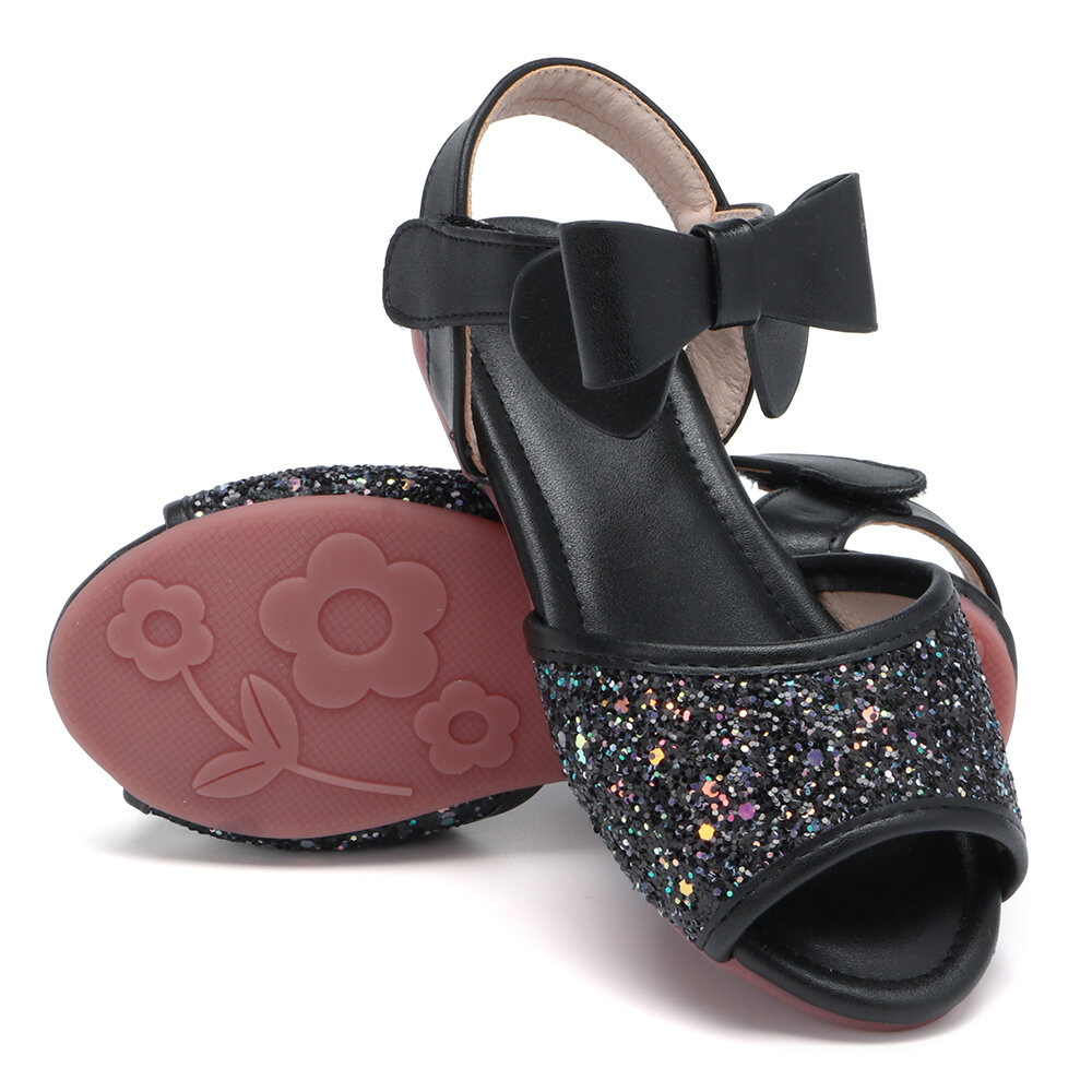 

Girls Glitter Sequined Bow Decor Non Slip Ankle Strap Sandals, Black;white