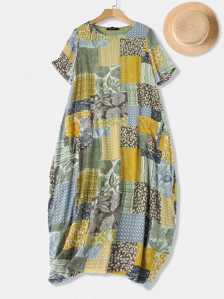 Print O-neck Short Sleeve Plus Size Casual Dress with Pockets
