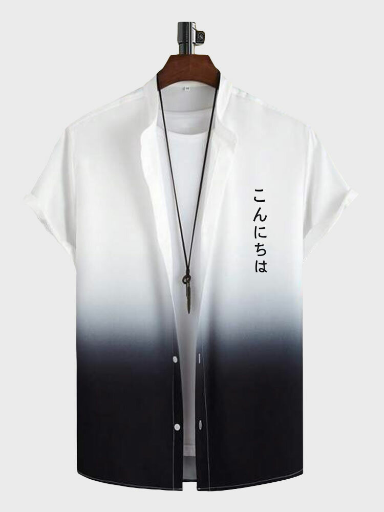 Camisas de manga corta con cuello alto y estampado Ombre japonés para hombre