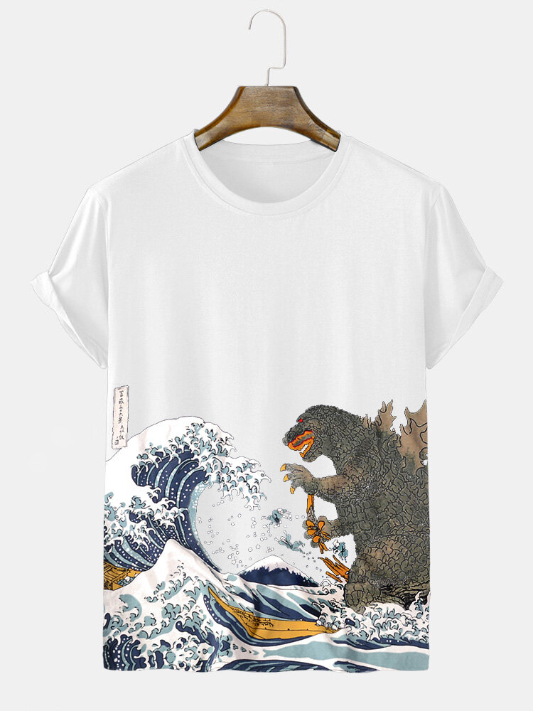 

Mens Japanese Wave Dinosaur Ukiyoe Print Short Sleeve T-Shirts Winter, White