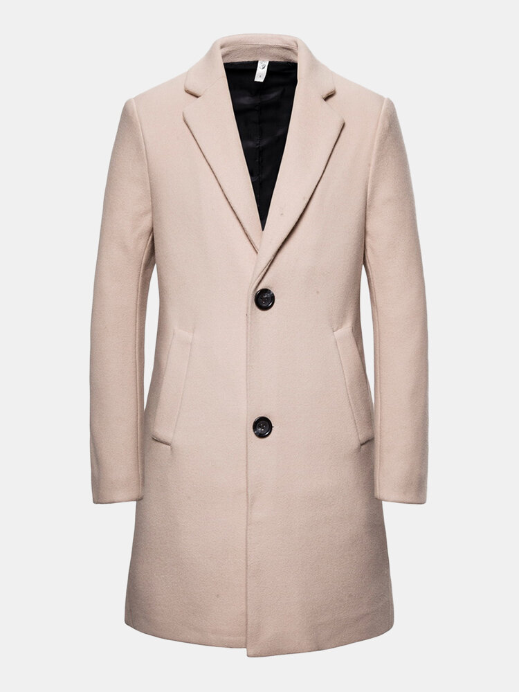 

Mens Winter Plain Woolen Mid-Length Business Casual Single-Breasted Overcoat, Black;light khaki