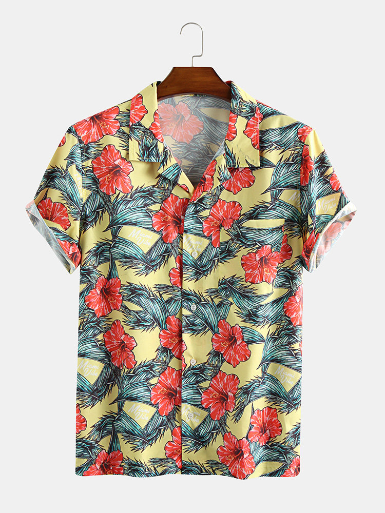 Mens Summer Floral Printed Turn Down Collar Short Sleeve Casual Shirts