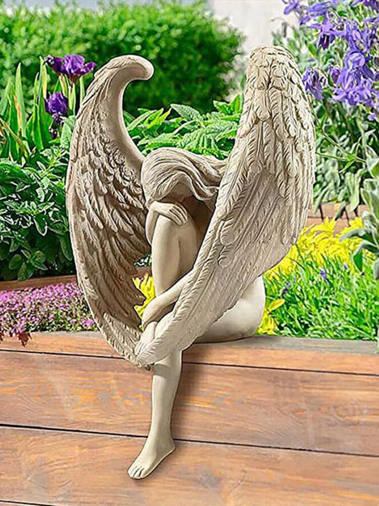 1 PC Resin Vintage Hold Legs Angel Memorial Redemption Statue Handicraft Angel Wings Sculpture Outdoor Garden Figurine Crafts Decoration