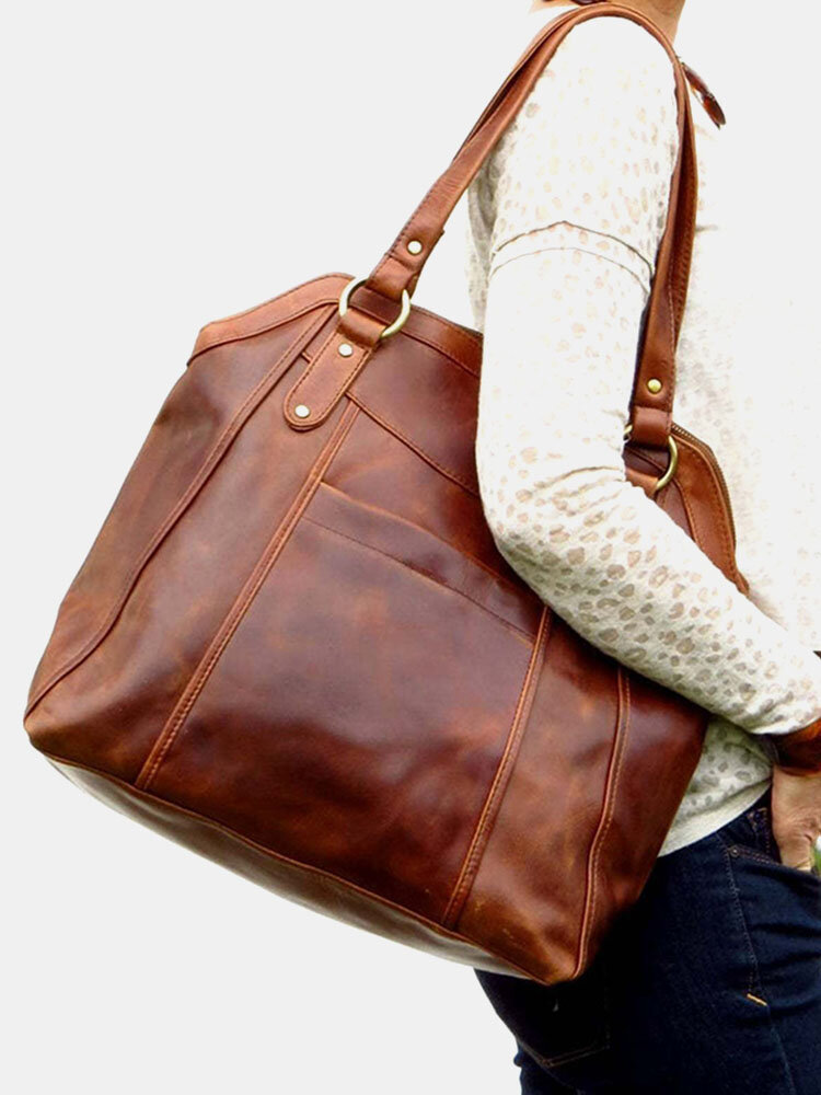 Women Vintage PU Leather Brown Shoulder Bag Handbag Tote