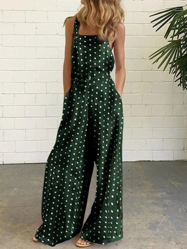 Straps Polkd Dot Print Side Button Casual Jumpsuit For Women
