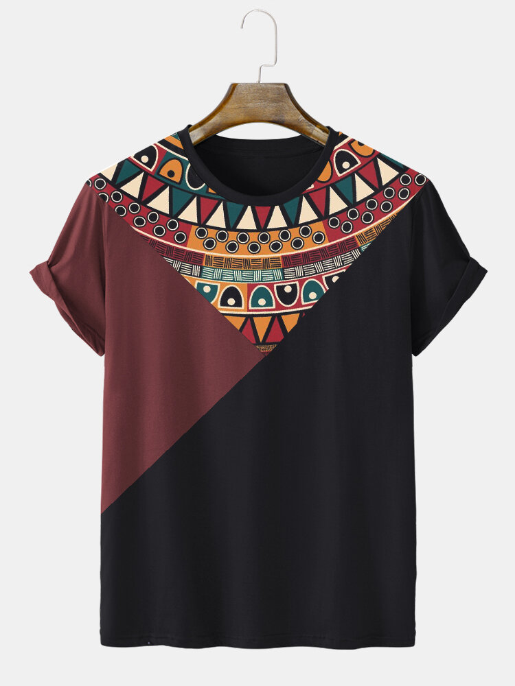 Mens Geometric Print Color Block Ethnic Style Short Sleeve T-Shirts