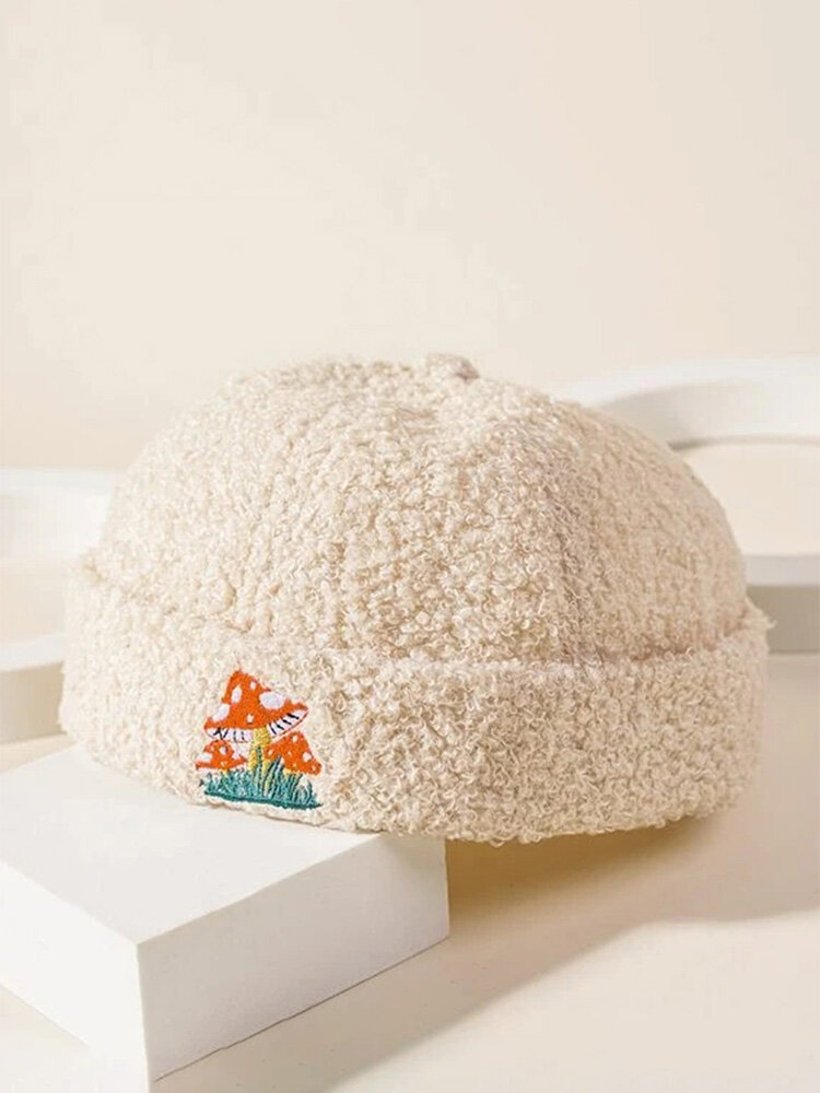 Unisex Plush Cartoon Mushroom Pattern Embroidery Warmth Fashion Brimless Beanie Landlord Cap Skull Cap