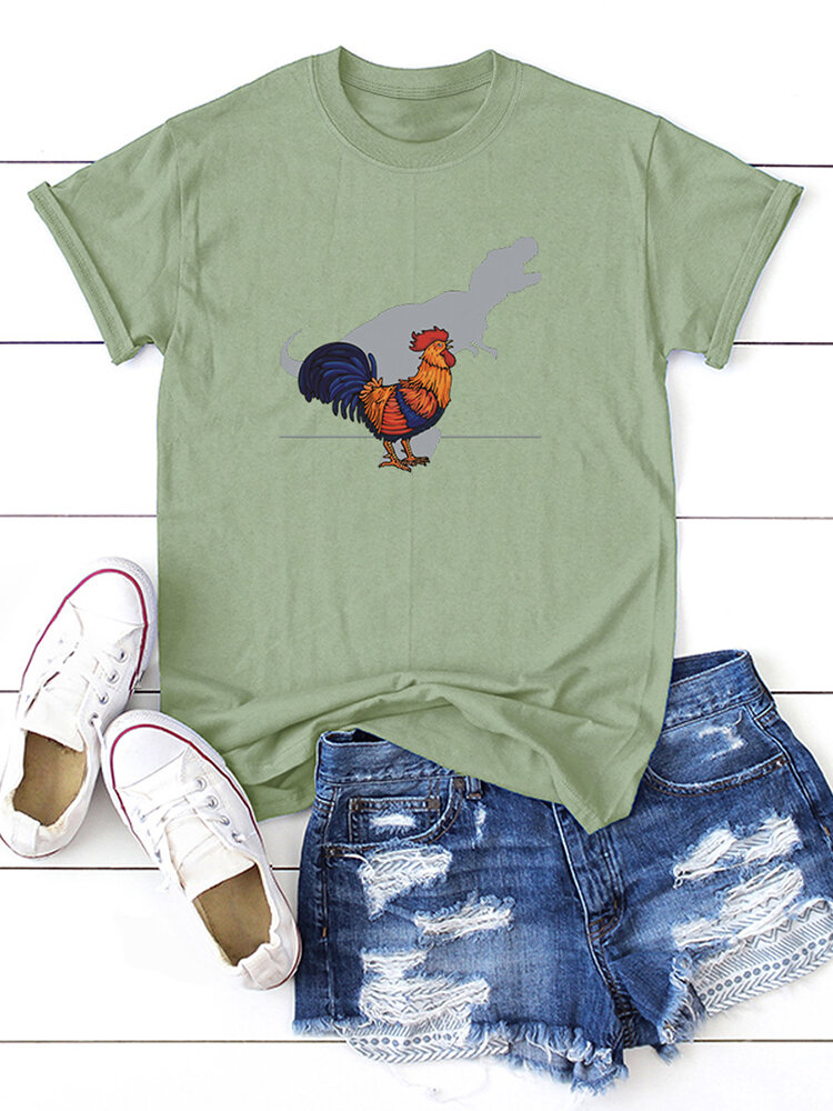 

Cartoon Rooster Dinosaur Print Casual Short Sleeve T-Shirt For Women, Yellow;pink;white;army green;wine red;blue;fluorescent green;orange pink;light grey;mint green;black;gray