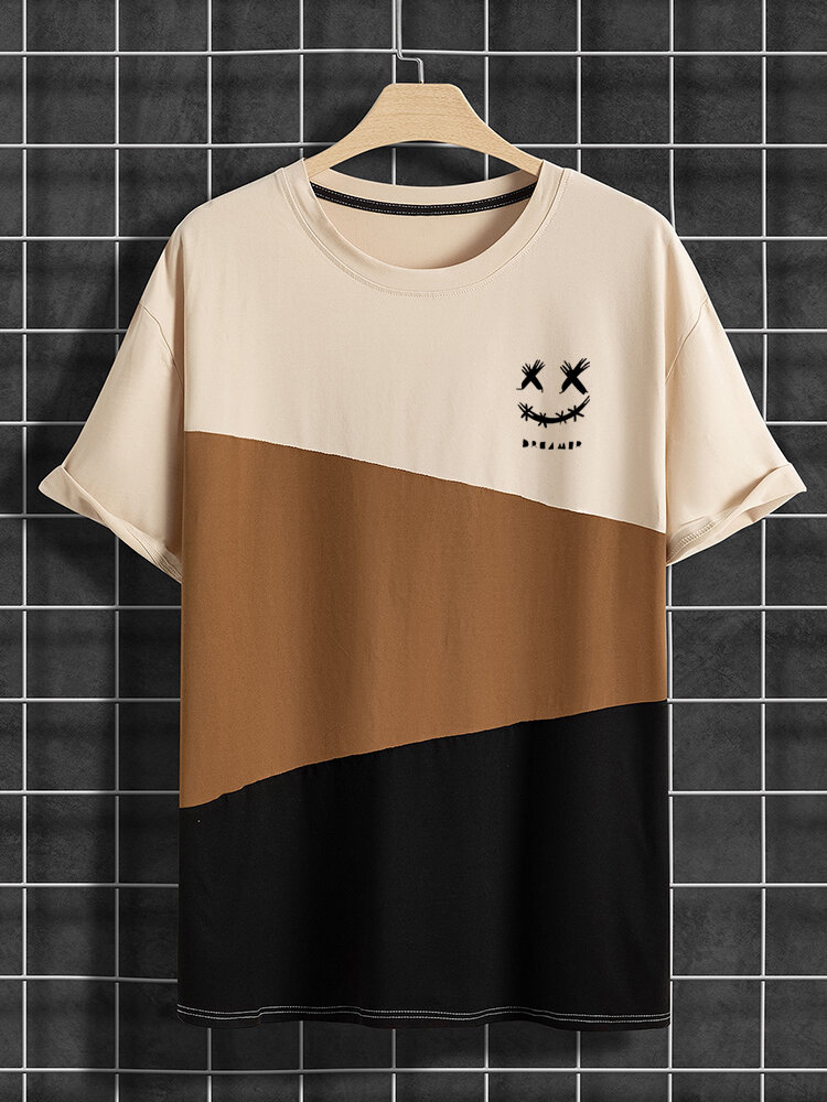 Kurzarm-T-Shirts mit Patchwork-Print und Smile-Stickerei für Herren in Farbblock-Optik