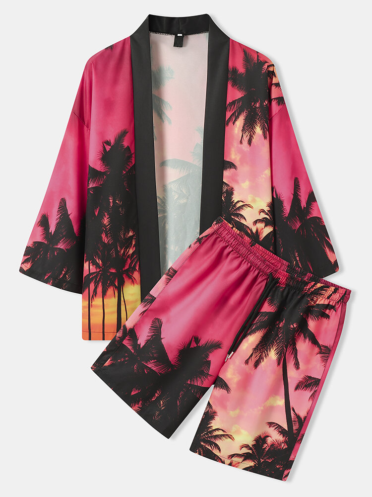 

Mens Coconut Tree Landscape Print Kimono Holiday Two Pieces Outfits, Red