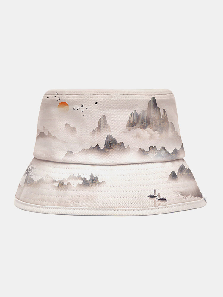 Unisex Polyester Cotton Overlay Chinese Ink Painting Pattern Vintage Sunscreen Bucket Hat