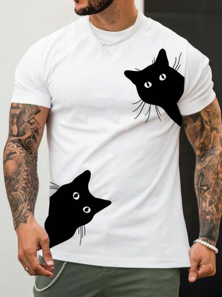 Camisetas de manga corta con estampado de dibujos animados para hombre Black Gato Crew Cuello Invierno