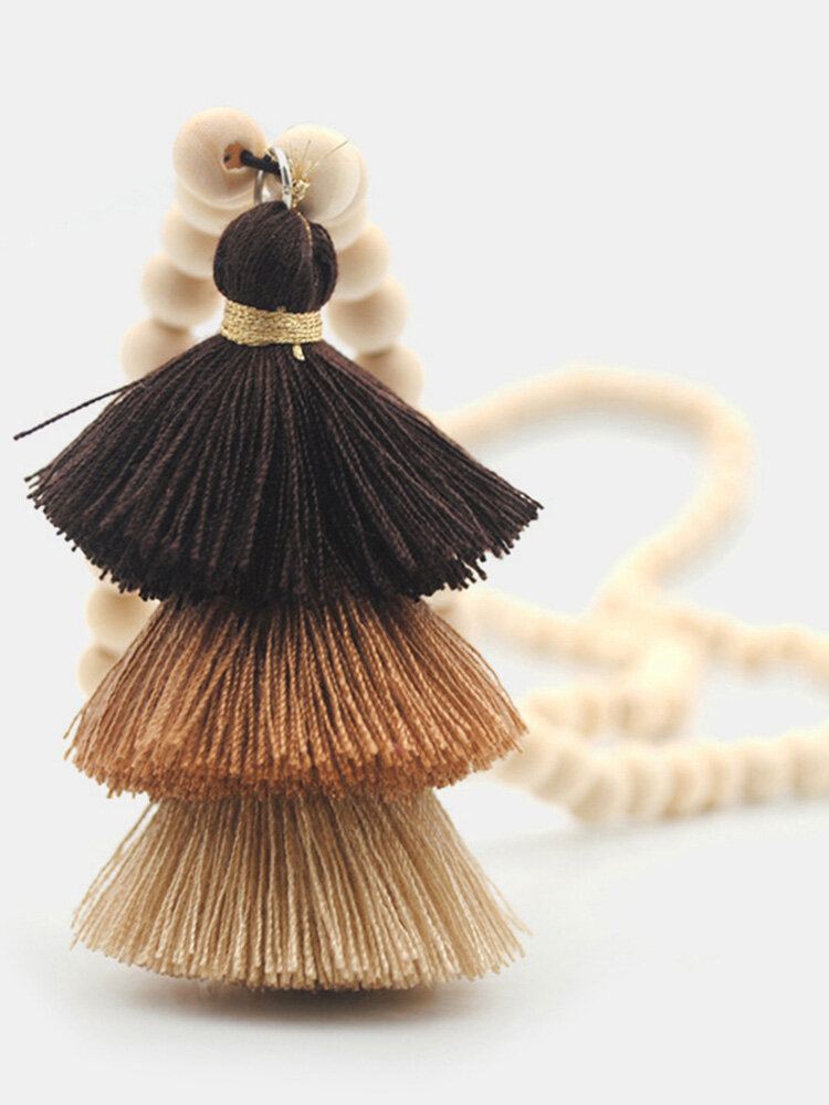 Bohemian Hit color Three-layer Stereoscopic Tassel Pendant Necklace Handmade Wooden Beaded Long Sweater Chain