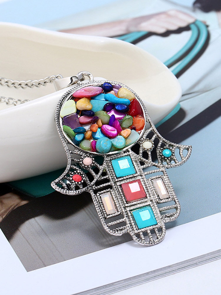 African Retro Head Pendant Necklace Colorful Rhinestone Necklace For Women