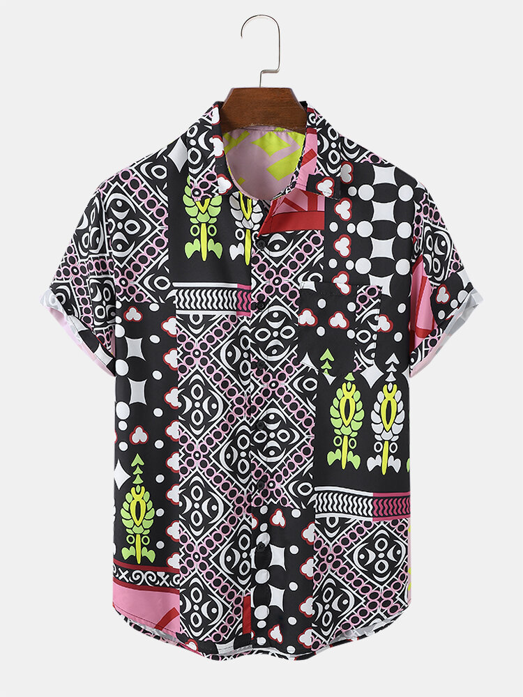 Mens Ethnic Geometric Mix Print Button Up Short Sleeve Shirts