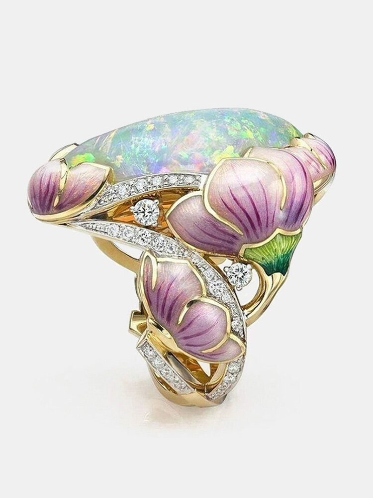 Women Flower Enamel Opal Painted Ring Party Jewelry Gift