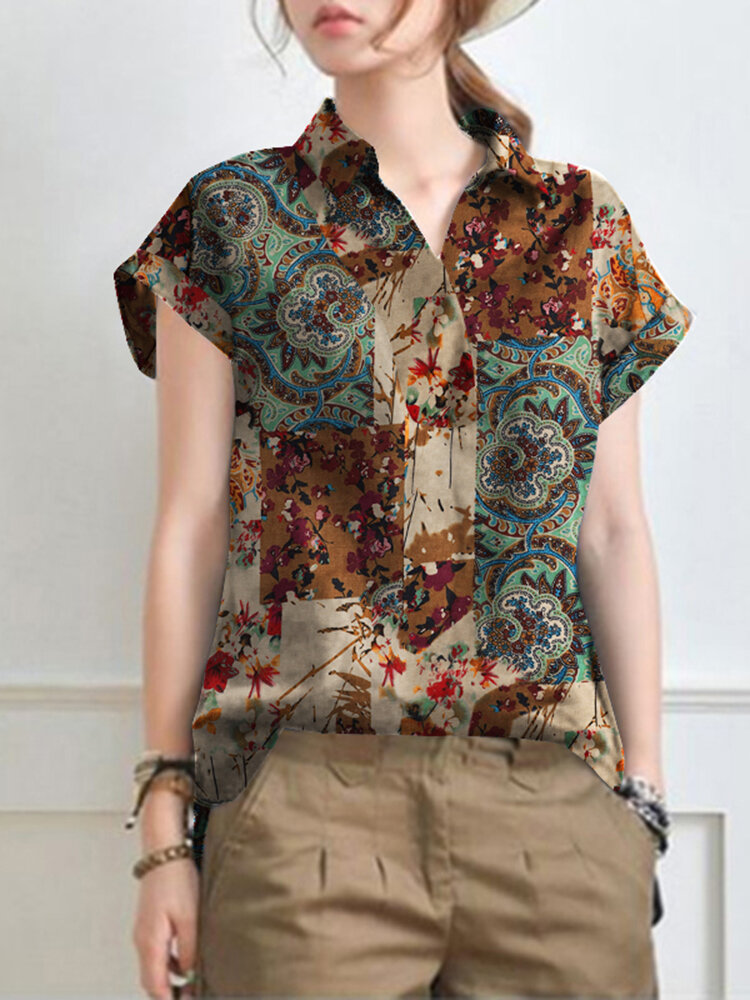 Блузка с лацканами и короткими рукавами с винтажным принтом For Женское