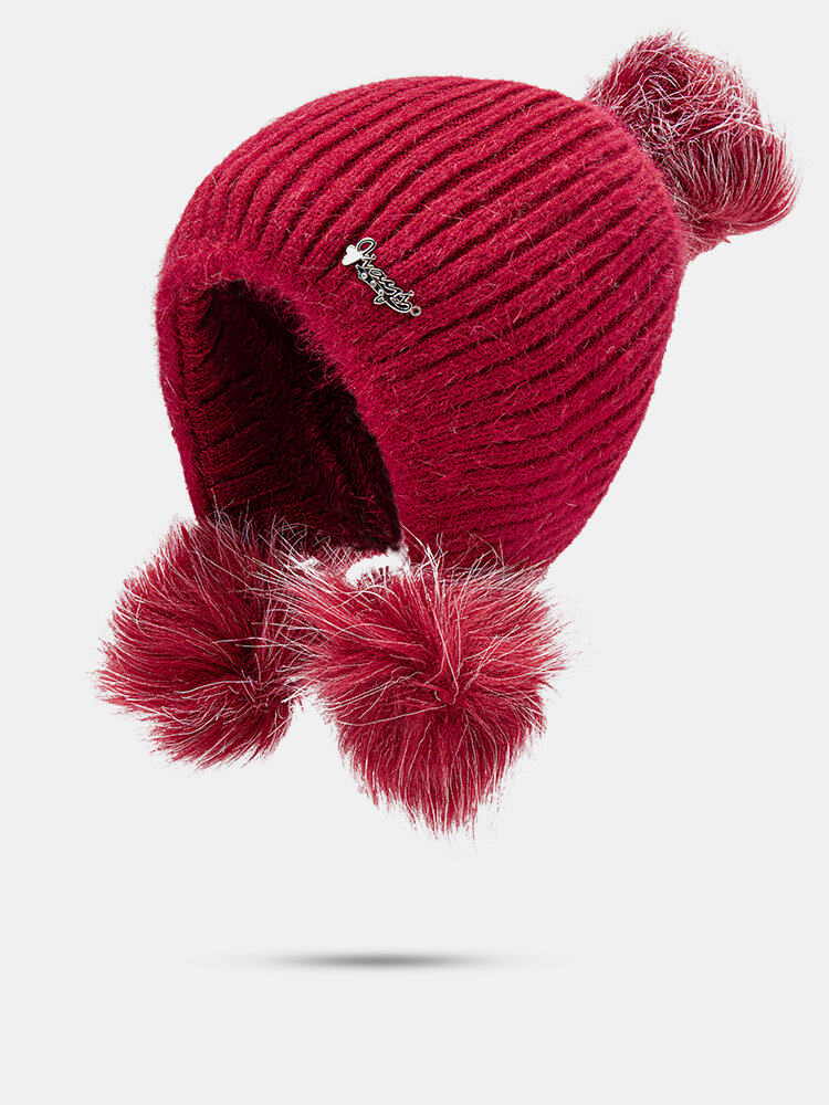 Women Rabbit Fur Knitted Plus Velvet Ear Protection Solid Letter Metal Label Fur Ball Decoration Warmth Beanie Hat