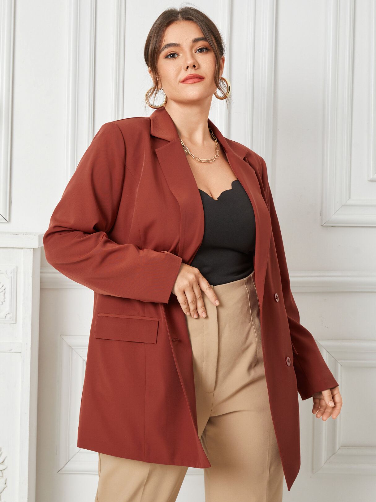 Plus Size Solid Color Lapel Double Breasted Blazer